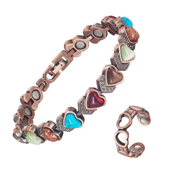 Metaljc Copper Magnetic Bracelet and Ring Set for Women, Turquoise Stone, 2-Piece