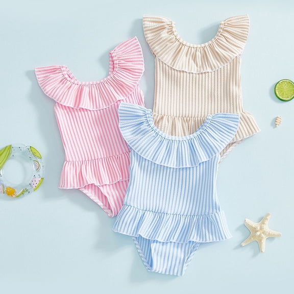 RTKFRFLM Baby Girls One Piece Swimsuit Sweet Striped Pattern Bathing Suit for Toddler Kids Summer Beach Pool Party Fashionable Swimwear Outfits Pink 12-18 Months