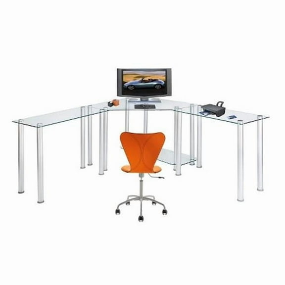 RTA Home and Office Clear Tempered Glass Corner Computer Desk with Left and Right Extention tables
