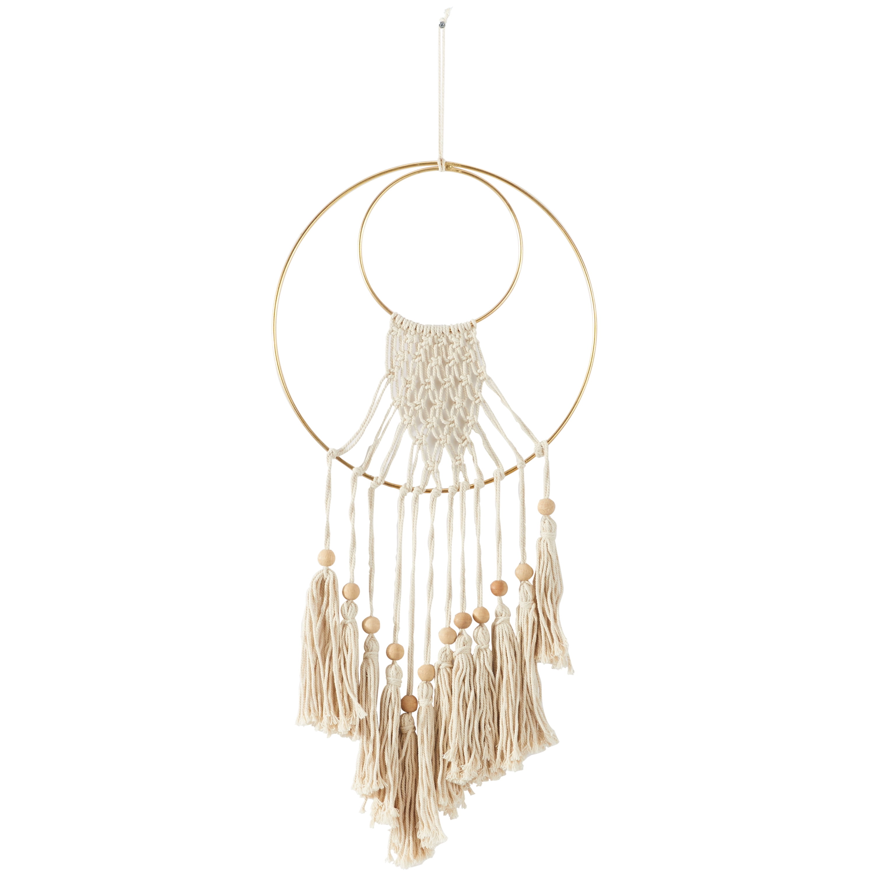 DecMode Cream Cotton Handmade Macrame Wall Decor with Wood Beads and Gold Circular Frame