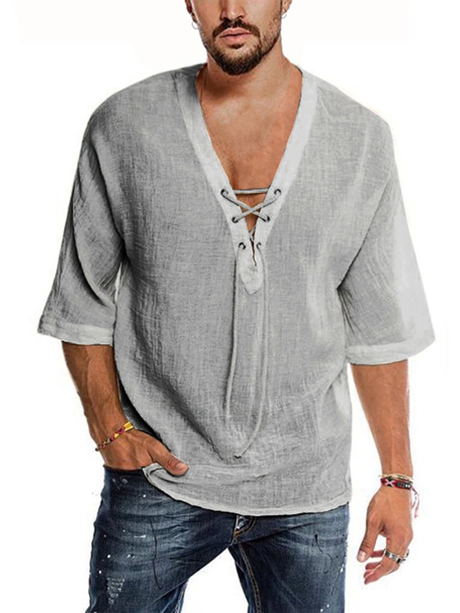 Mens Casual V Neck Cotton Linen 3/4 Sleeve Shirts Henley Tops with Buttons