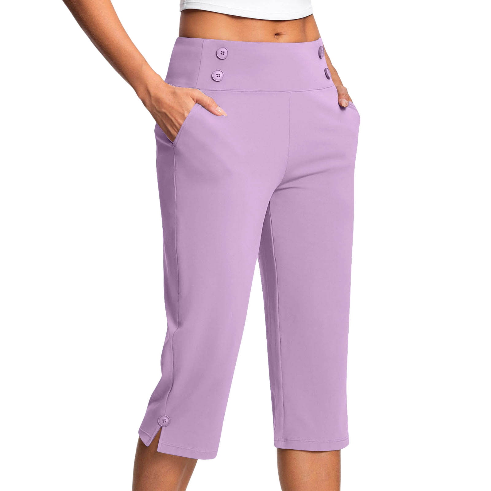 biudgviw Capri Pants for Women Sretch Workout Yoga Cropped Pants with Pocekets Pull on Dress Pants for Work Business Athletic Golf Bottoms(Purple,Medium)