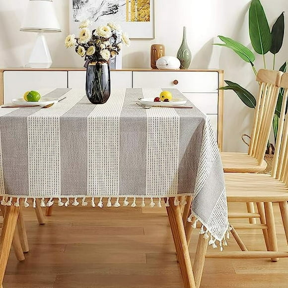 Xiao Hua Mantel rectangular de lino y algodón a rayas con borlas y costuras, a prueba de polvo, para cocina y comedor, 137 x 264 cm, color topo