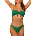 thumbnail image 1 of Conjuntos de bikini de banda para mujer, sin tirantes con lazo acanalado y parte inferior, traje de baño de 2 piezas, color verde oscuro, talla pequeña, 1 of 5