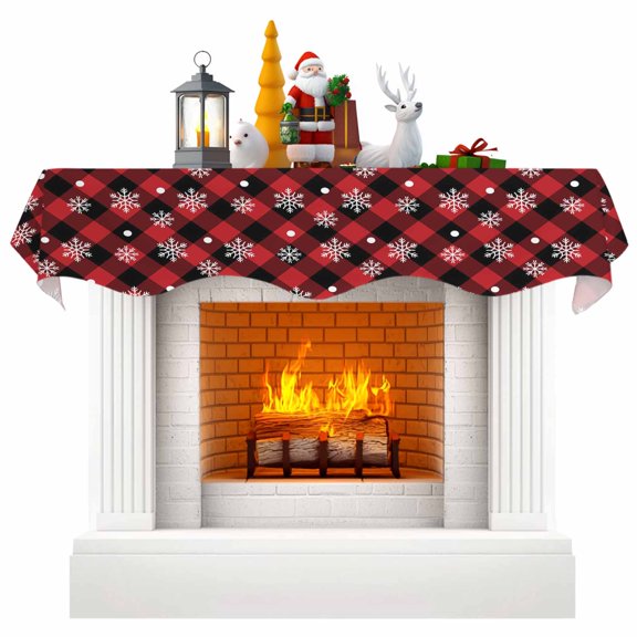 Christmas Snowflake Fireplace Mantel Scarf Table Runner, Xmas Red Black Plaid Winter Winter Garland Mantel Top Tablerunners Dresser Scarves Cover Decorations for Windows Party Living Room 90"x17"