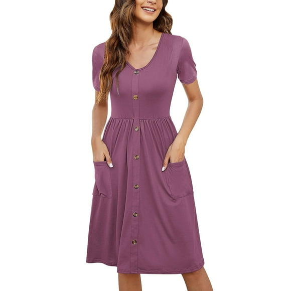 Kcodviy Women Summer Casual Short Teacher Dresses Sleeve Dresses Button Down Casual Dress Knee Length Dress with Womens Long Dresses Pockets