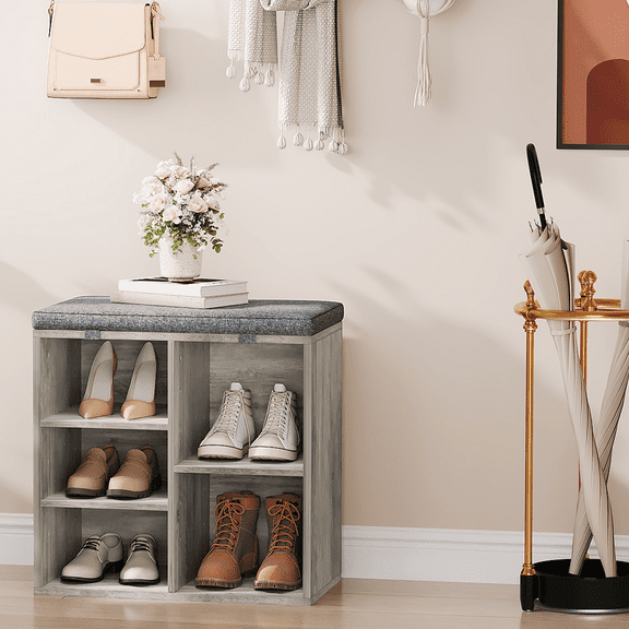 Shoe Storage Bench with Cushioned Seat for Entryway, 5 Cubbies, 3-Tier Adjustable Shelf, Organizer Shoe Rack for Bedroom, Living Room, Hallway