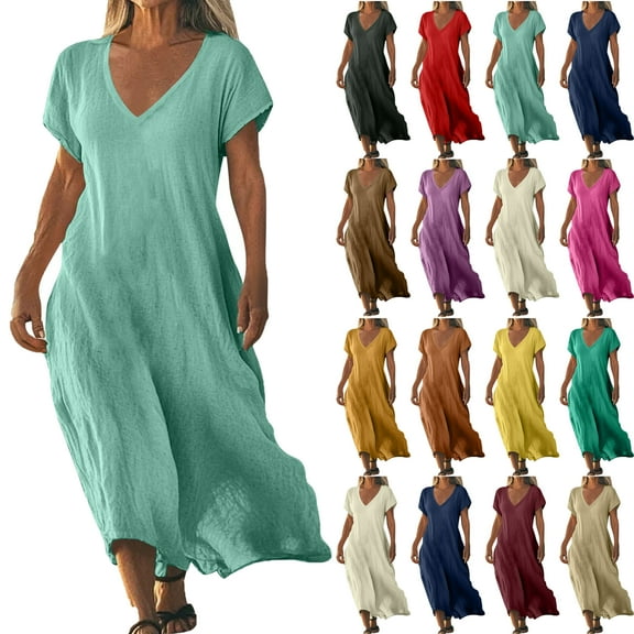 Lenago Plus Size Maxi Dresses for Women Solid Color Linen Short Sleeves V-neck Womens Dresses Loose Casual Long Dress Summer Vacation Beach Party S-5XL