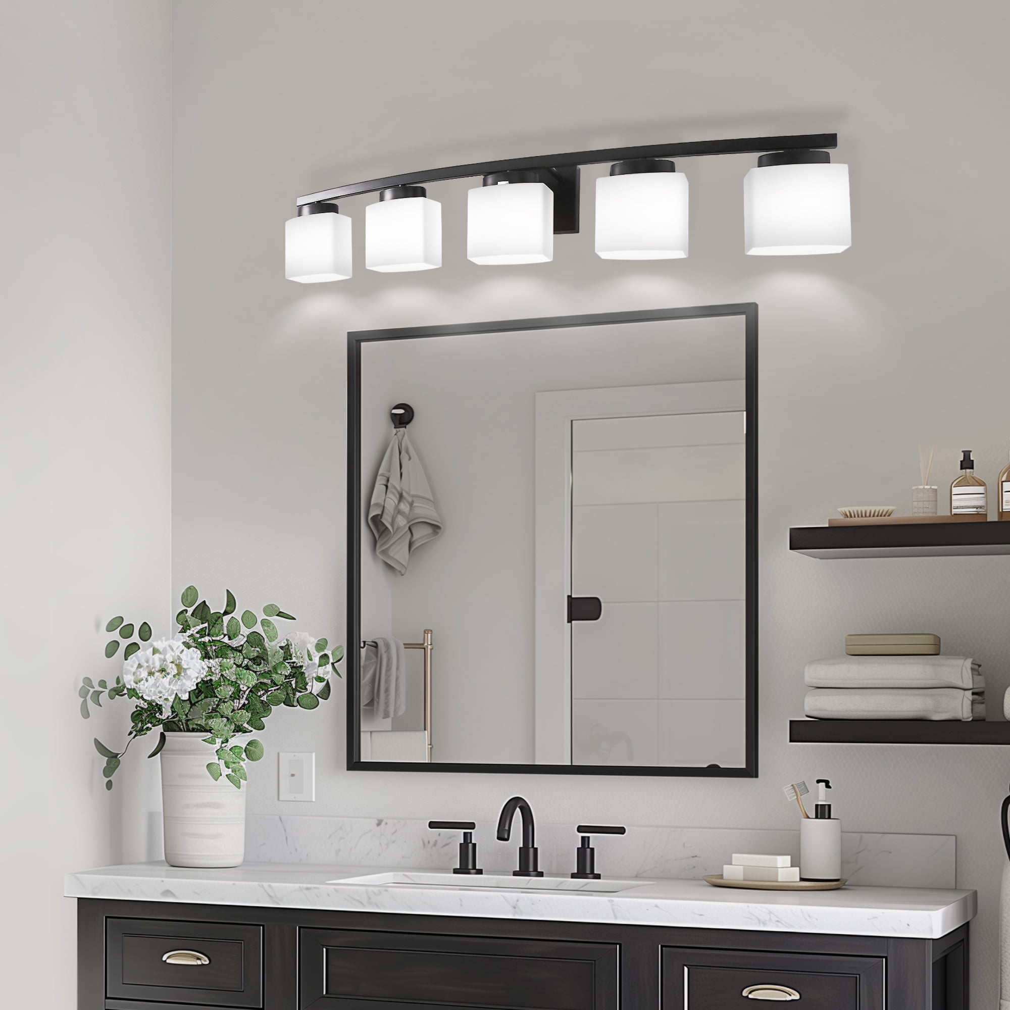 Briignite 5-Light Bathroom Light Fixture with Milk Glass Shades, Modern Stylish Vanity Lighting Fixtures for Bathroom, Black and White