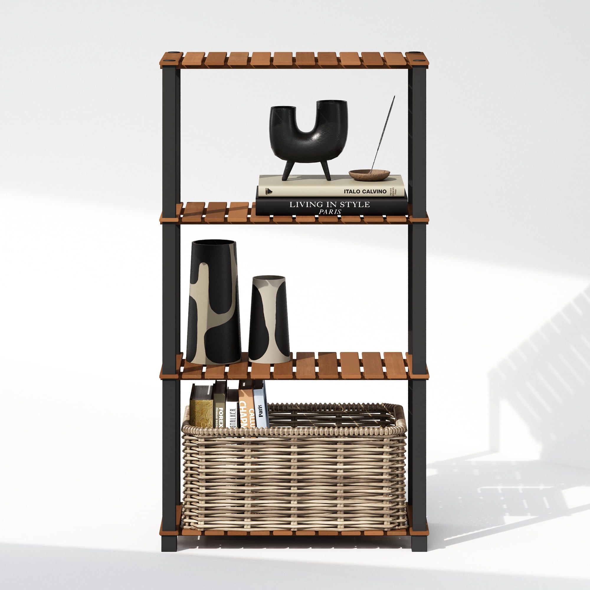Furinno Turn-N-Tube 4-Tier Wood Slat Multipurpose Shelf Display Rack with Square Poles, Natural/Black