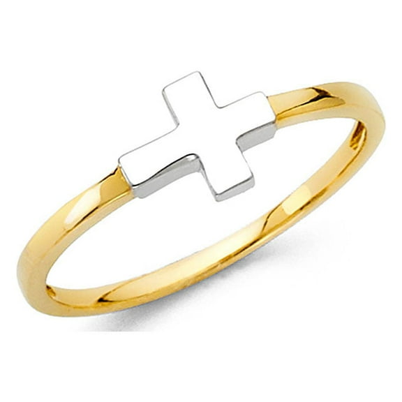 Cross Ring Solid 14k Yellow & White Gold Religious Band Fancy Design Polished Two Tone 7MM, Size 7