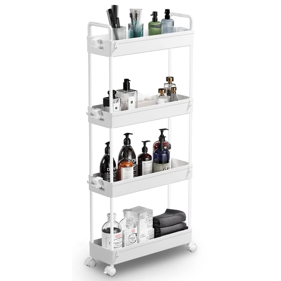 Skinny Rolling Storage Cart 4 Tier, Narrow Shelf Unit with Wheels for Bathroom Laundry Kitchen Office Bedside Next to Fridge Compact Areas, White