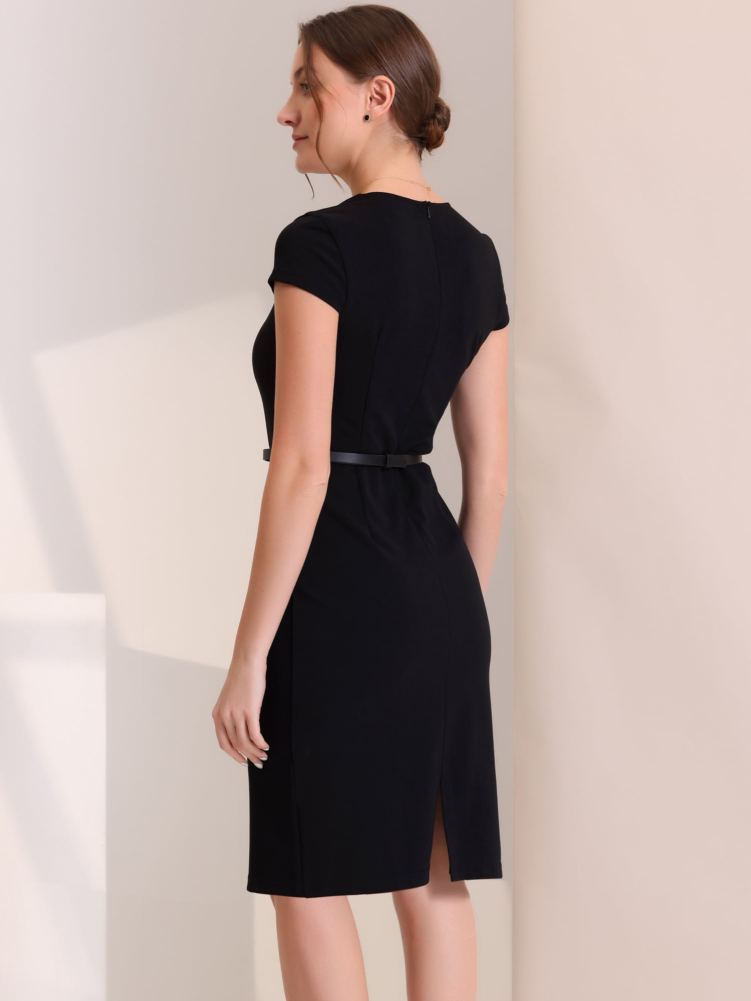 DARING DIVA Square Neck Cap Sleeve Belted Sheath Dress S Black
