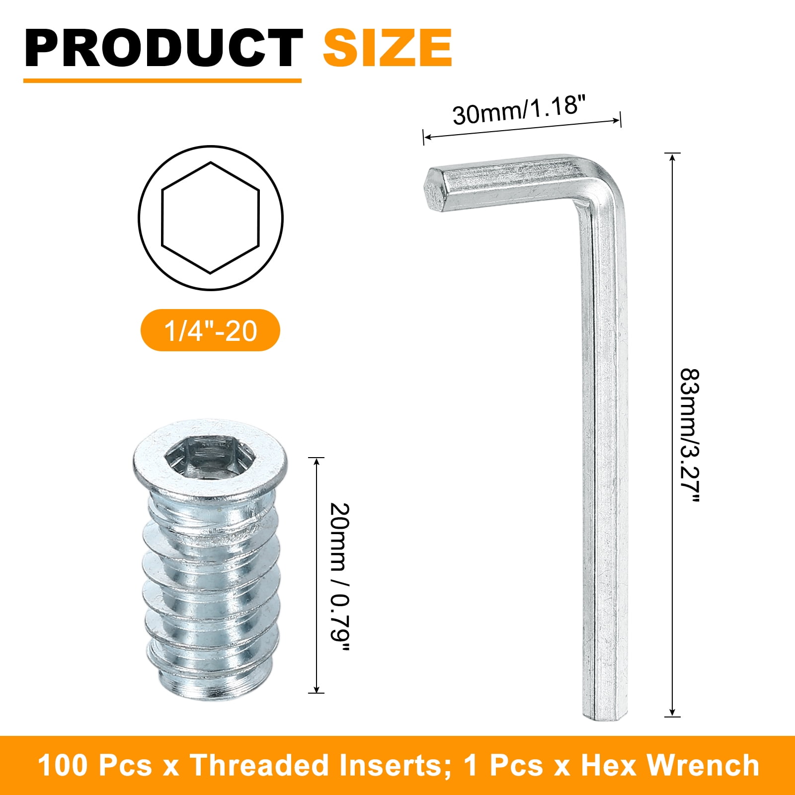 100 Pcs Threaded Insert for Wood, 1/4 - 20 Threaded Studs 20mm Length, Silver
