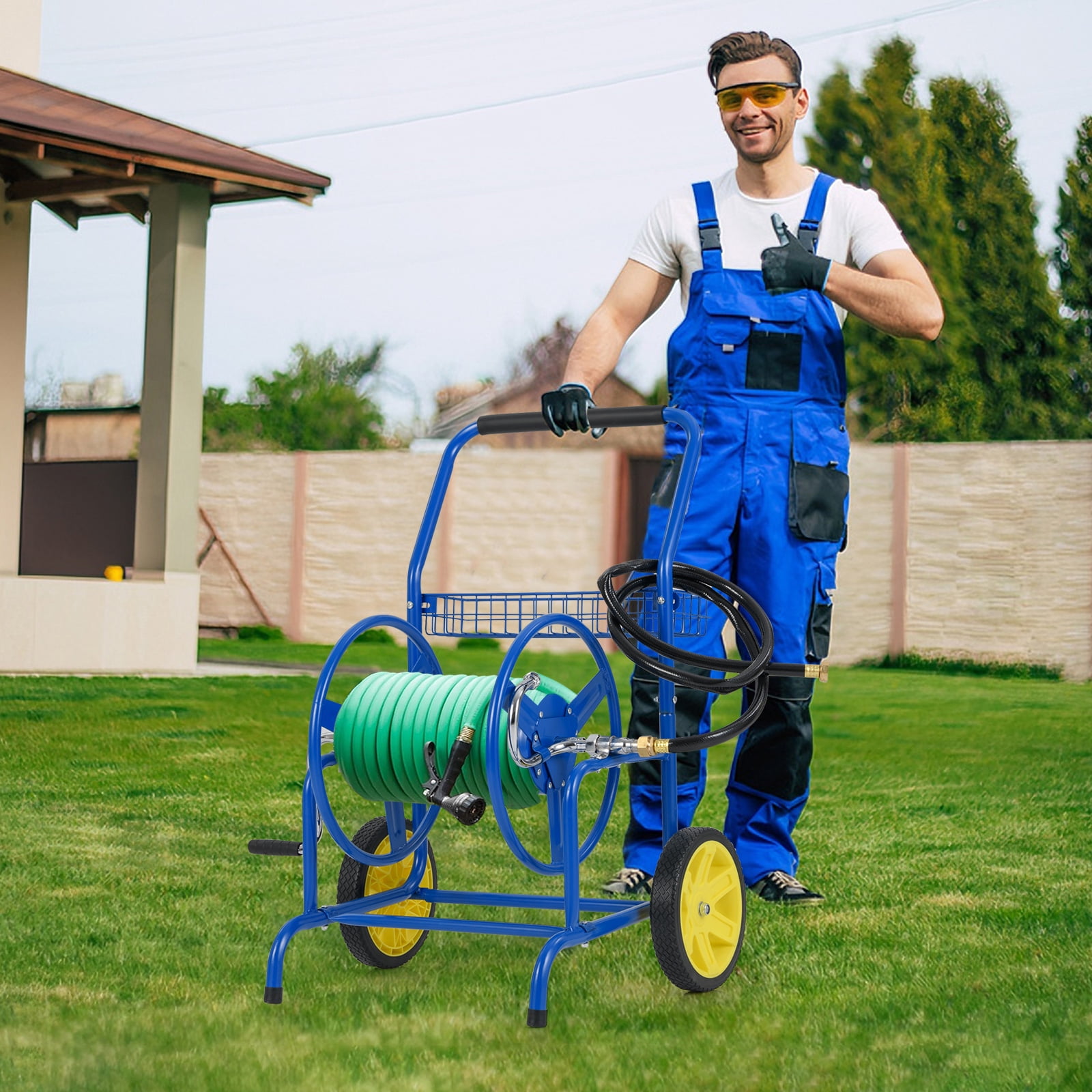 Gymax Garden Hose Reel Cart 230 FT of 5/8'' Large Capacity w/ 2 Wheels Storage Basket Blue