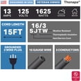 thumbnail image 2 of Thonapa 15 ft Black Outdoor Extension Cord - 16 AWG Weatherproof Electrical Cable for Indoor and Outdoor 13 Amp, SJTW 3 Prong Grounded Plug, 2 of 5
