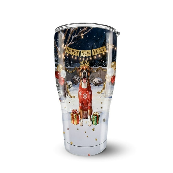 Happy New Year 2026 Boxer Holiday Balloons Party Snow 30oz Stainless Steel Tumbler Insulated Cup with Lid Boxers Dog Lover Gifts Idea - 13018