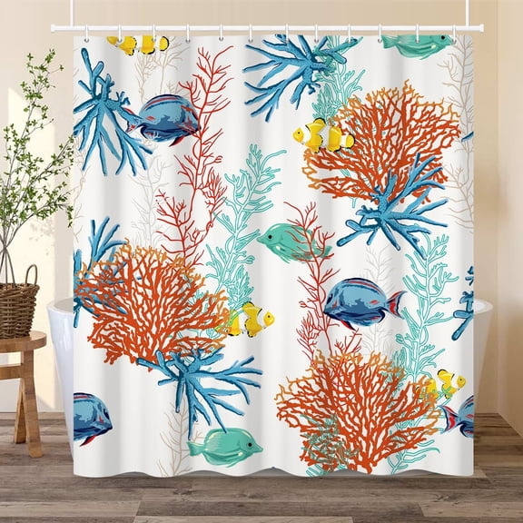 Ocean Fish Theme Shower Curtain Coastal Coral Bath Curtain for Bathroom Decor with Hooks 72x72 in