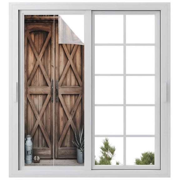 Retro Brown Door Window Privacy Film, Country Vintage Wooden Door Static Cling UV Sun Blocking Heat Control Window Tint Day and Night, Non-Adhesive Reusable One Way Windows Privacy Cover 23.6''x59''