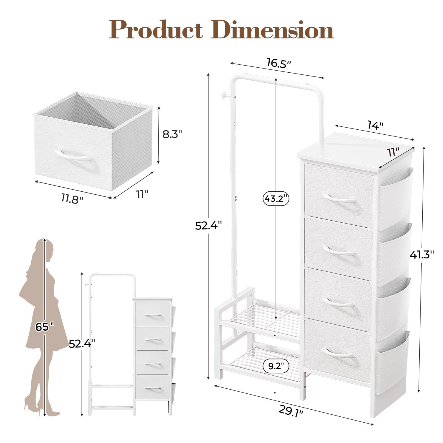 UNTIMATY Dresser with Hanging Rack White Fabric Dresser for Bedroom with Hanging Rack and 4 Drawers Dresser with Side Pockets