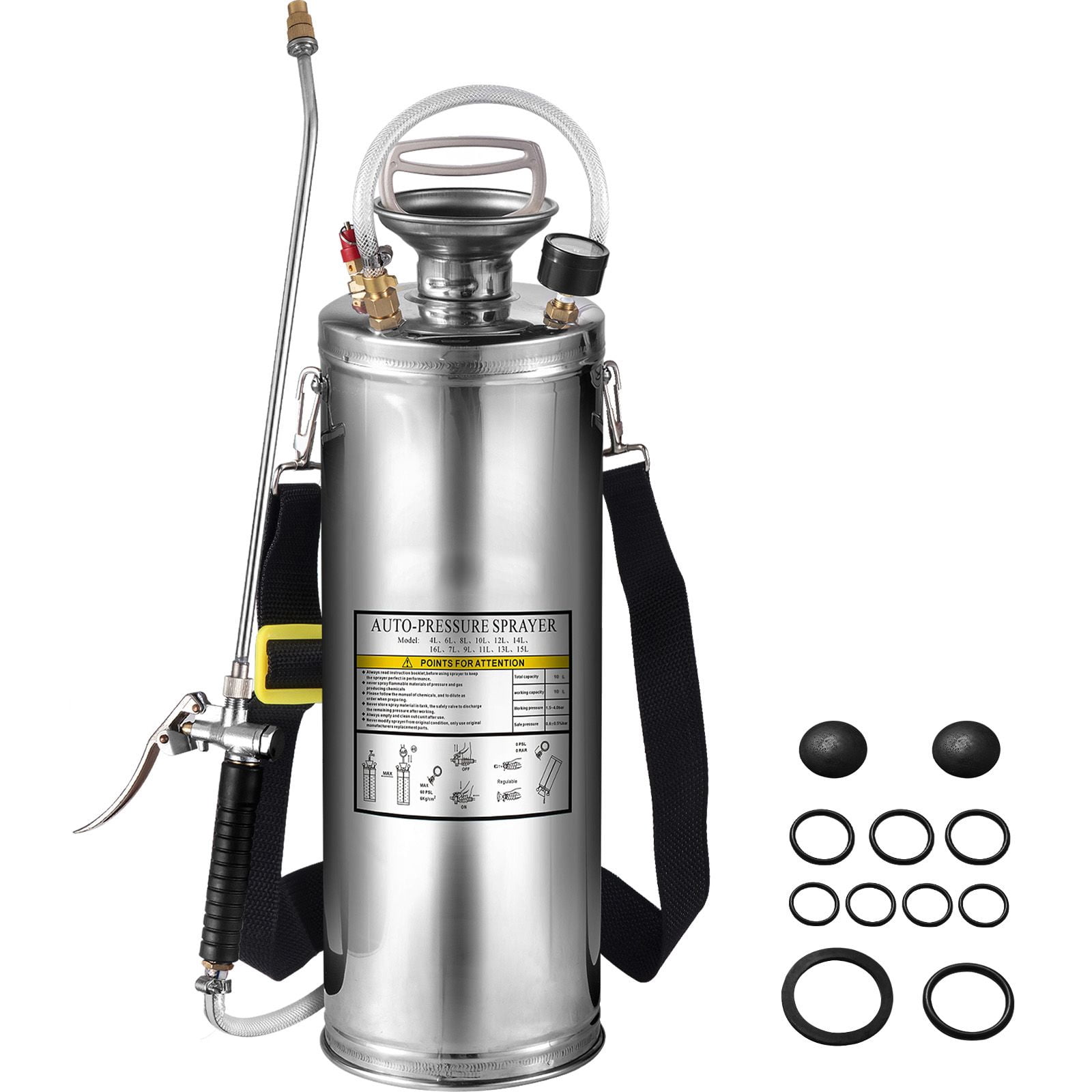 3 Gallon Stainless Steel Sprayer, 1.5-4.0 Bar Pressure, Adjustable Brass Nozzle, Pressure Gauge, Shoulder Strap for Garden Cleaning