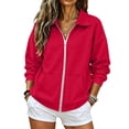thumbnail image 4 of Women's Y2K Collared Zip Up Jacket Loose Fit Long Sleeve Drop Shoulder Solid Color Soft Cozy Lightweight Casual Athletic Sweatshirt with Pockets for Daily Fall Winter Wear Red 2XL, 4 of 5