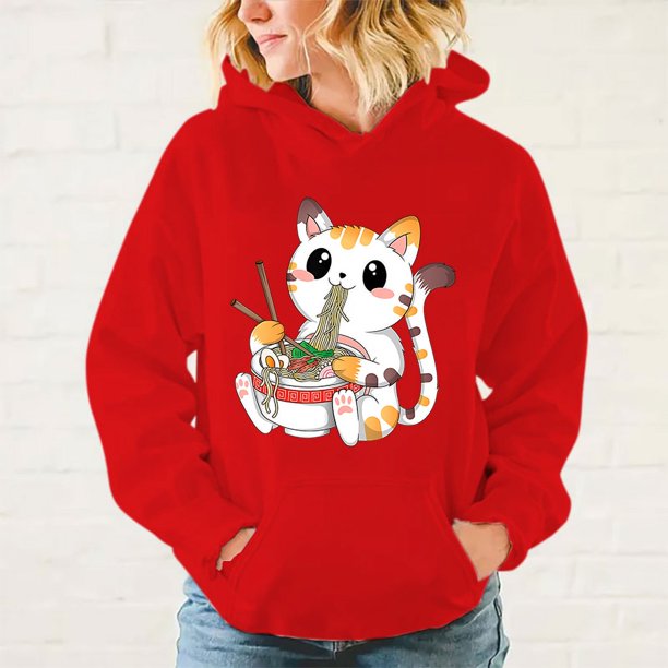 Nueva sudadera con capucha de gato kawaii comiendo ramen para mujeres, hombres y adolescentes, informal, con personalidad, sudadera de manga larga a la moda