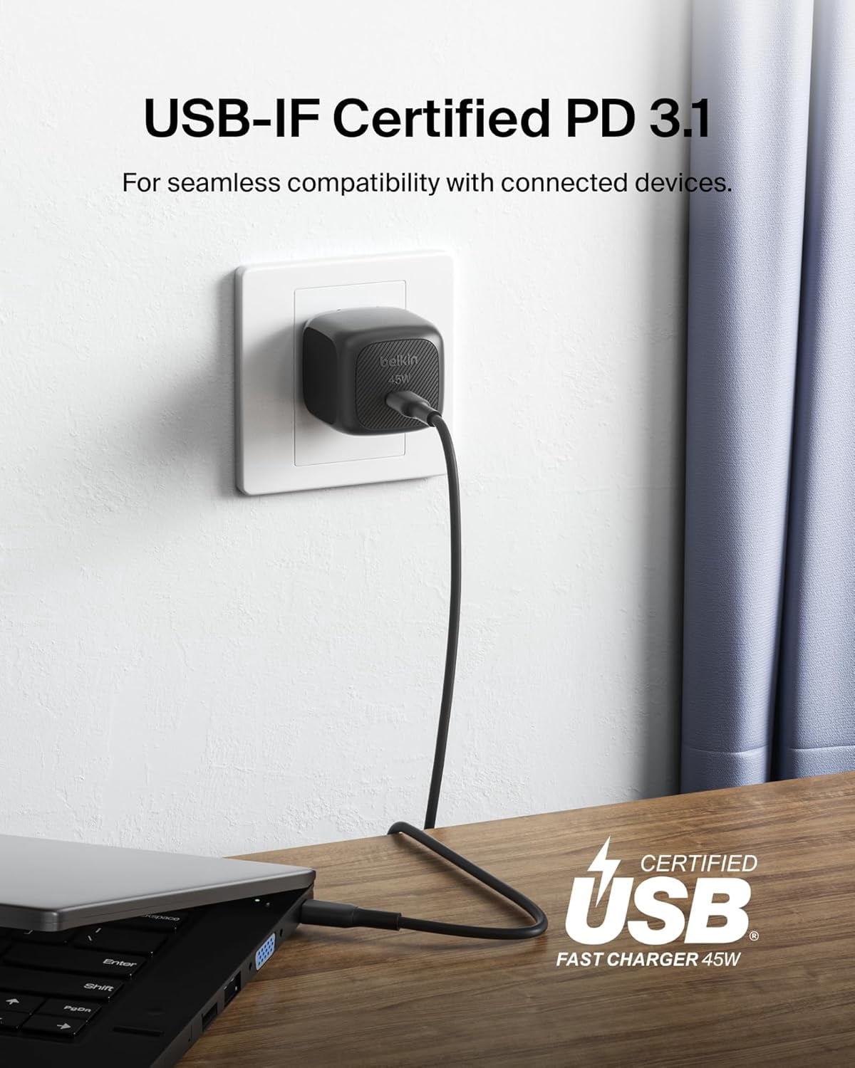 Belkin Silver 45W USB PD Wall Charger With PPS Cell Phones Single Charger USB-C Fast Charging for Apple iPhone 16, 15, 14, 13, Plus, Macbook, 1 Pack