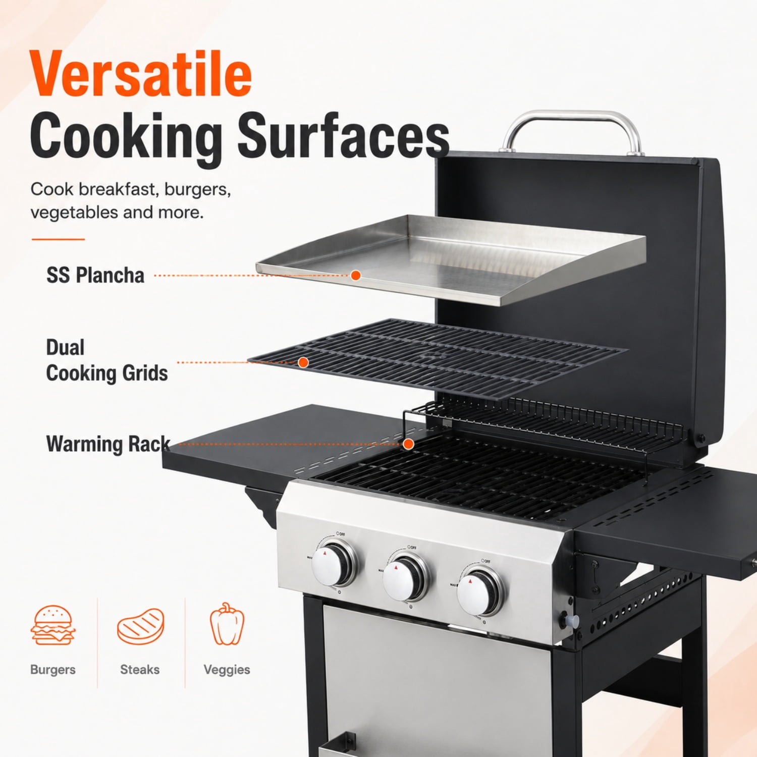 Miniyam 3 Burners BBQ Propane Gas Grill with Side Burner for Outdoor Barbecue, 36900 BTU Output
