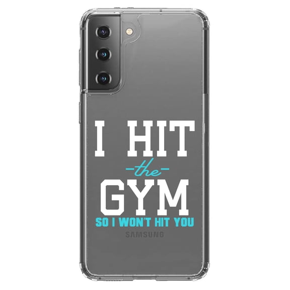 DistinctInk Clear Shockproof Hybrid Case for Galaxy S21  PLUS 5G (6.7" Screen) - TPU Bumper Acrylic Back Tempered Glass Screen Protector - I Hit the Gym So I Won't Hit You