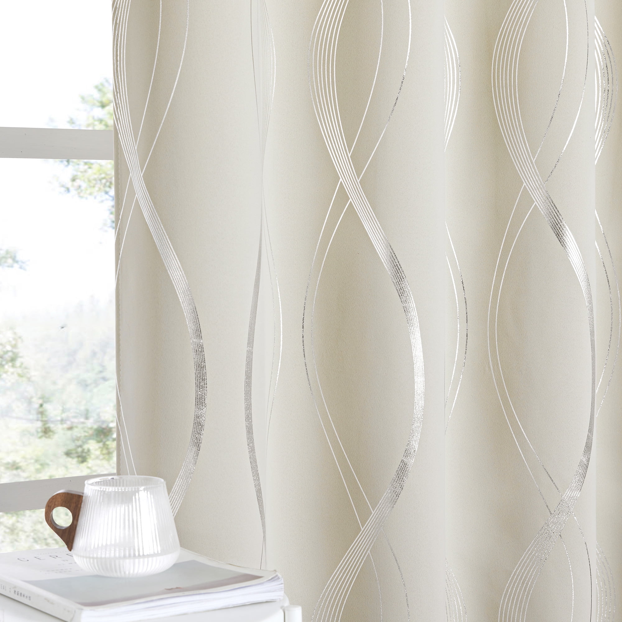 NICETOWN Curtains for Bedroom Thermal Insulated Solid Grommet Top Foil Printed Wave Lines Blackout Panels for Living Room, 42x48 inches, Beige, 2 Panels