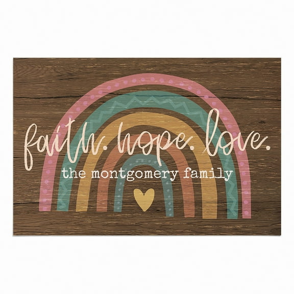 Personalized Planet 27x18 Faith Hope Love Boho Rainbow Uplifting Doormat with Custom Family Name Printed on Brown Rectangular 1/8” Thick Non Slip Mat for Kitchen Hallway Deck or Porch
