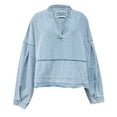 thumbnail image 3 of Womens Denim Tops 2025 Long Sleeve Pullover Trendy Casual V Neck Loose Fit Puff Sleeve Jean Cotton Shirts, 3 of 6