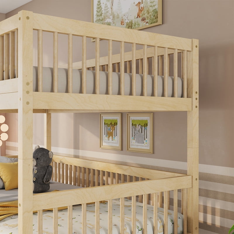 Twin-Over-Twin Size Convertible Kids Bunk Bed into 2 Platform Beds, Teens Wood Bed Frame with Ladder and Safety Guardrails