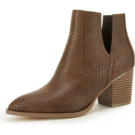 

QWZNDZGR Womens Ankle Boots Slip on Cutout Pointed Toe Snakeskin Chunky Stacked Mid Heel Booties