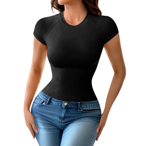 Athlemo Women's T-Shirts Round Neck Short-Sleeve Casual Tees Tops Undershirt 2 Pack
