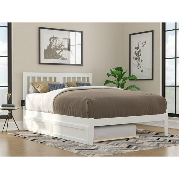 AFI Tahoe Queen Wood Platform Bed with Twin XL Trundle and USB Charger in White