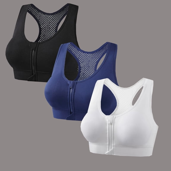 Wovilon 3 Pack Women's Front Zip Sports Bra Wireless Racerback with Mesh Back Supportive Padded Activewear Gym Yoga Workout Bras for Women