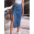 thumbnail image 4 of Womens Casual Slit Denim Midi Jean Skirt Stretch High Waist Frayed Button Up Middle Blue L, 4 of 7