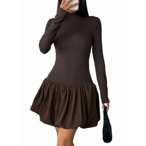 Women Long Sleeve Bubble Mini Dress Bodycon Mock Neck Casual Cocktail Club Party Dresses Brown XL