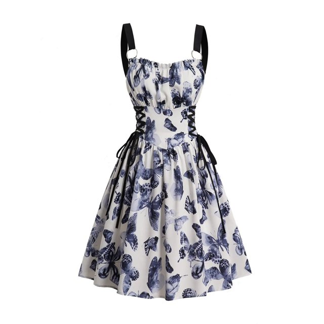WILLBEST Vestidos Casuales Vestido Casual con Estampado Floral para Mujer Cuello Cuadrado sin Mangas Ropa de Fiesta Primavera Verano Traje Diario con Collar Estilo Básico Cómodo Moda Mediana