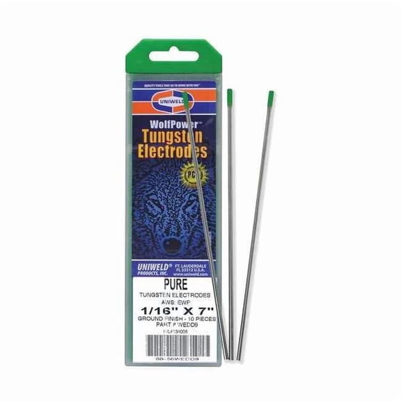 7" Heliarc Tungsten Electrode 1/16" Dia., PK10, Container Type: Green