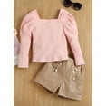 thumbnail image 3 of TSEXIEFOOFU Girls Shorts Set Ribbed Long Sleeve Square Neck Tops + Metal Button High Waist Shorts, 3 of 6