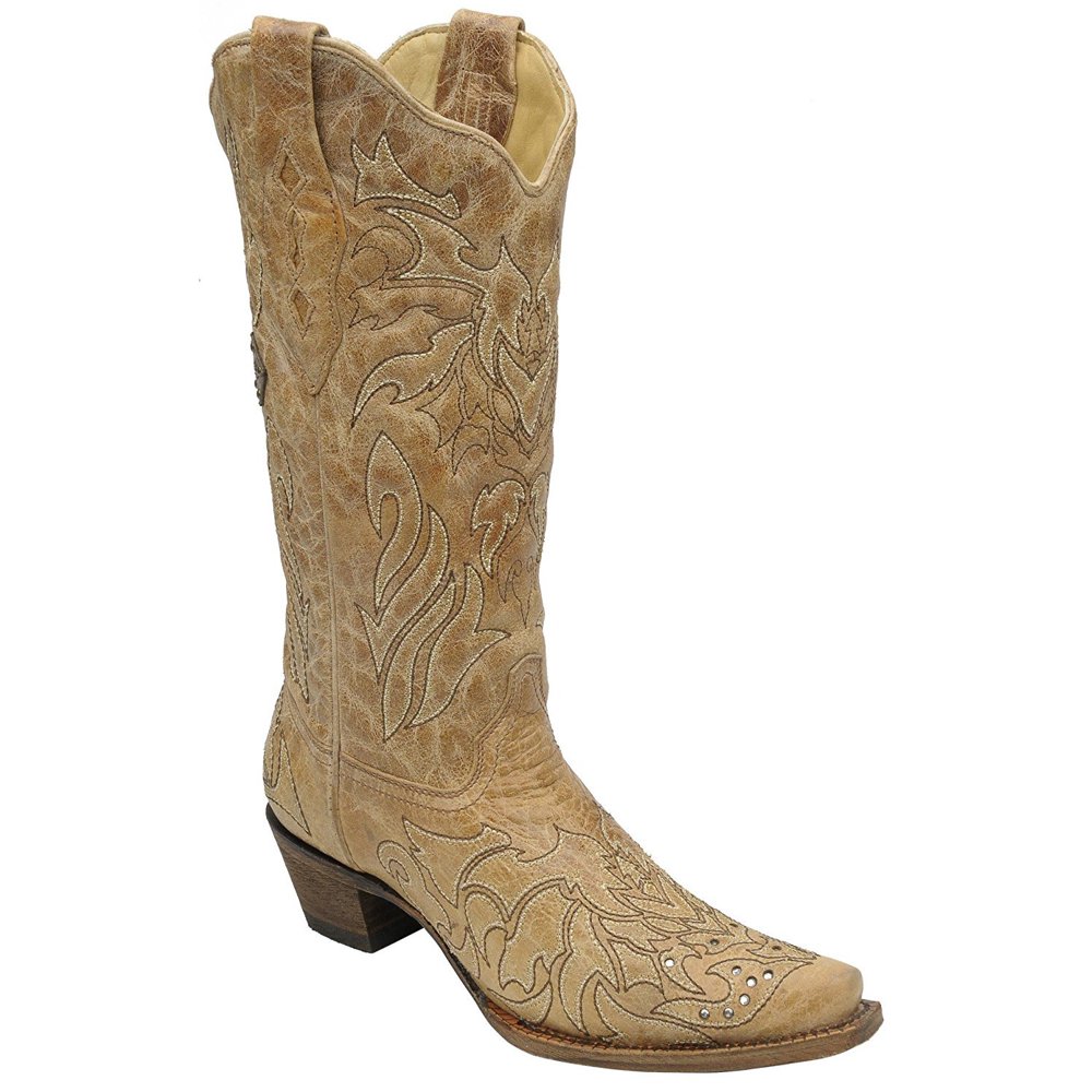 Corral Boots CORRAL Women's Saddle Brown Embroidered Cross and Crystals Snip Toe Boots A2839