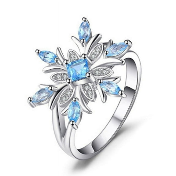 Womens Elegant Ring with Floral Snowflake Design Light Blue Zircon Stone Electroplated Metal Ring Perfect for Wedding Jewelry Individually Packed