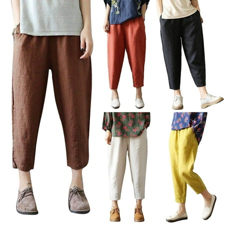 

Taluosi Plus Size Solid Color Casual Lady Elastic Waist Ninth Pants Loose Harem Trousers