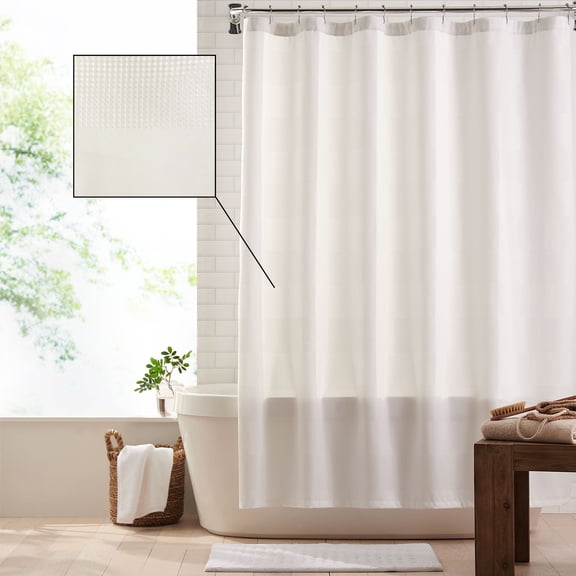 Essential Waffle Stripe Modern Fabric Shower Curtain, White, 72"x72"