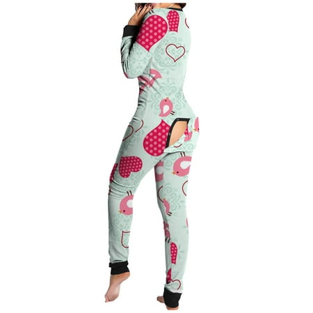 

Print Long Sleeve Button Flap Nightwear Jumpsuit Bodysuit Playsuit Romper Pajamas For Women