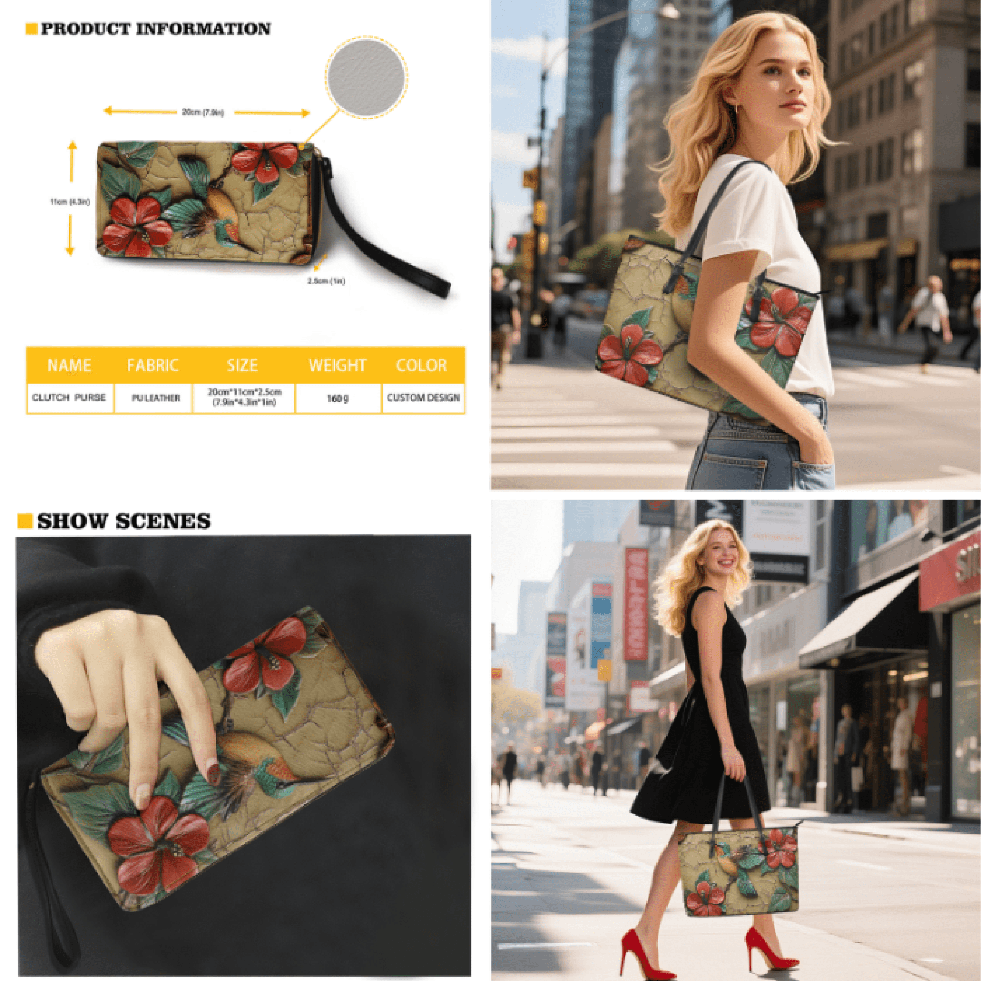 Tutolipy Tote Handbag Set for Women, with Lightweight Shoulder Wallet Durable Tote Bag Hobo Bag, 3 Pcs 3D Hummingbird Floral