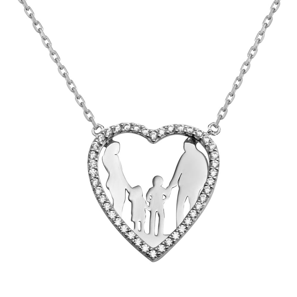 Sterling Silver Arch Love Heart Inscription White Crystals CZ Pendant Necklace 